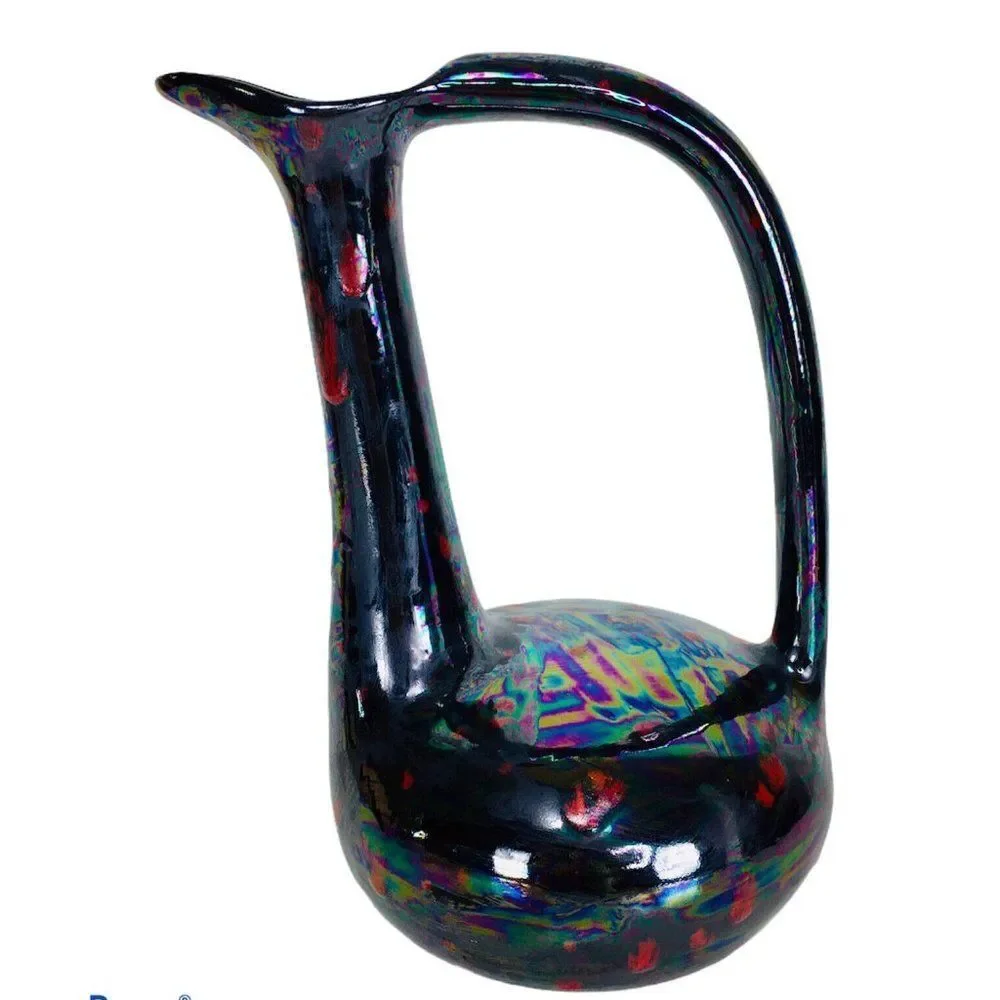 Vintage Black Iridescent Glazed Oil slick Petrol Gothic Bird Ewer Pitcher Vase